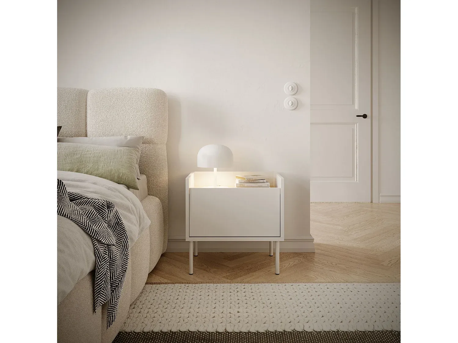 Moderner Nachttisch mit Tür – 50 cm – Weiß mit Eichenholzoptik