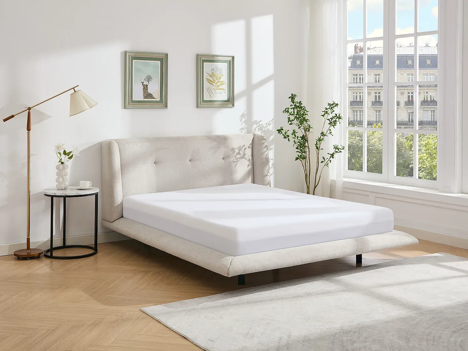 Beiges Polsterbett 140 x 190 cm mit Kopfteil und Matratze