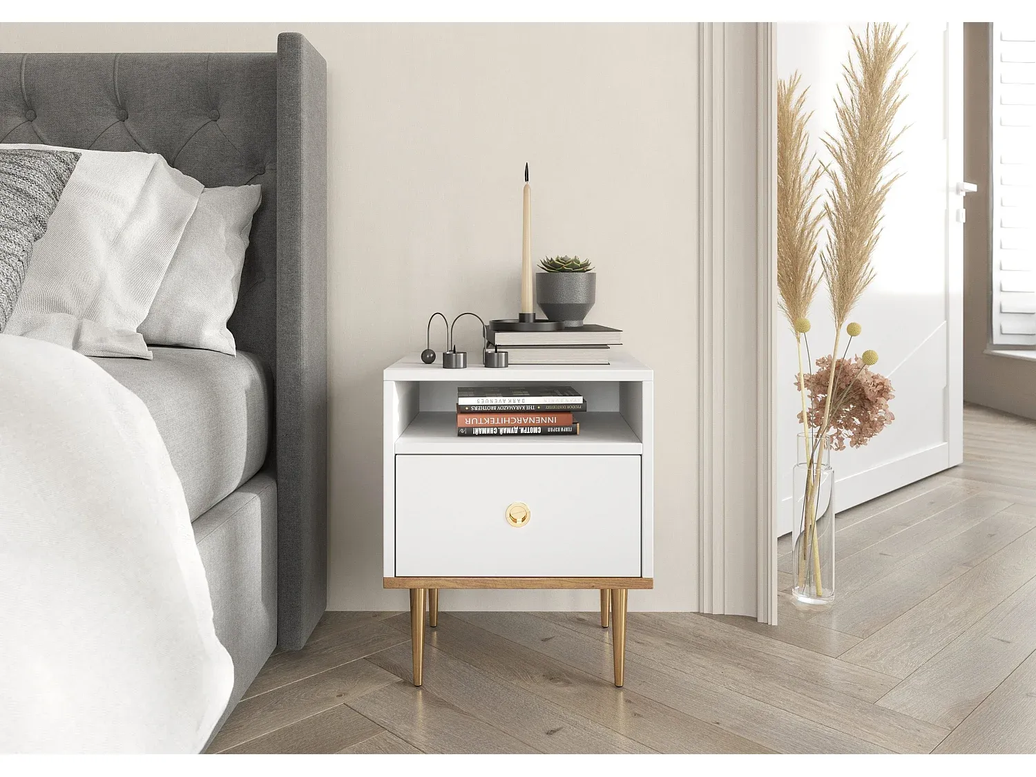 Moderner Nachttisch mit weißem und Eiche-Design