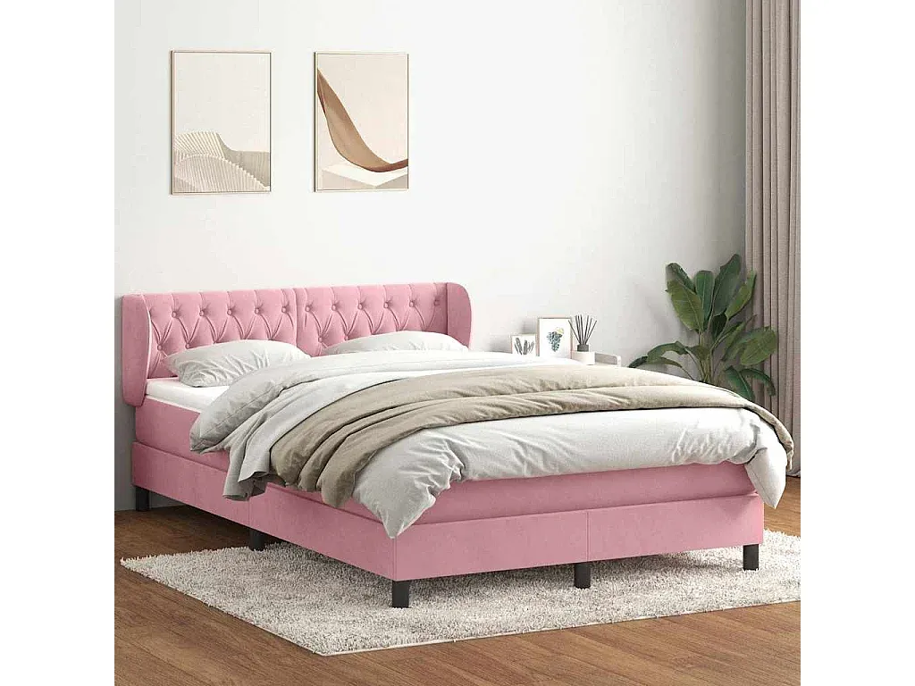 Komfortables Boxspringbett mit Rosa Samtbezug, 160x210 cm