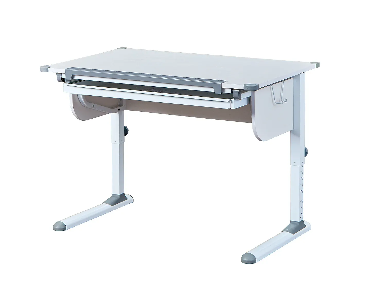 Höhenverstellbarer Schreibtisch mit Schublade in Weiß und Grau
