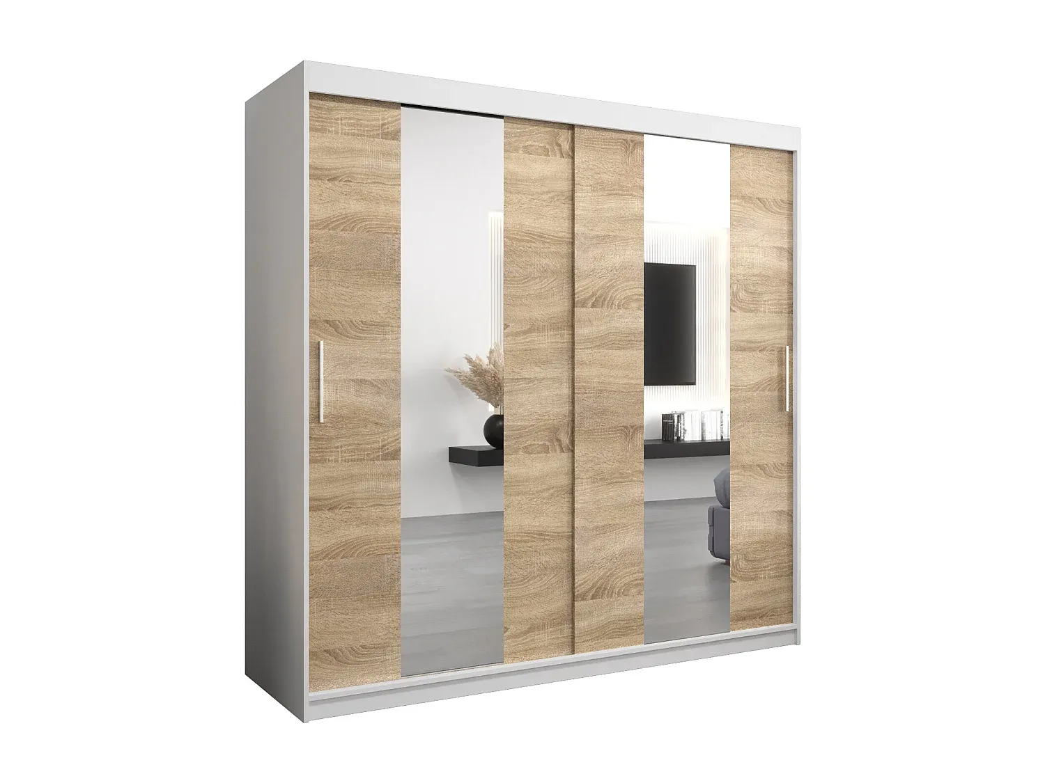 Moderner Schwebetürenschrank mit großem Stauraum in Weiß und Sonoma Eiche