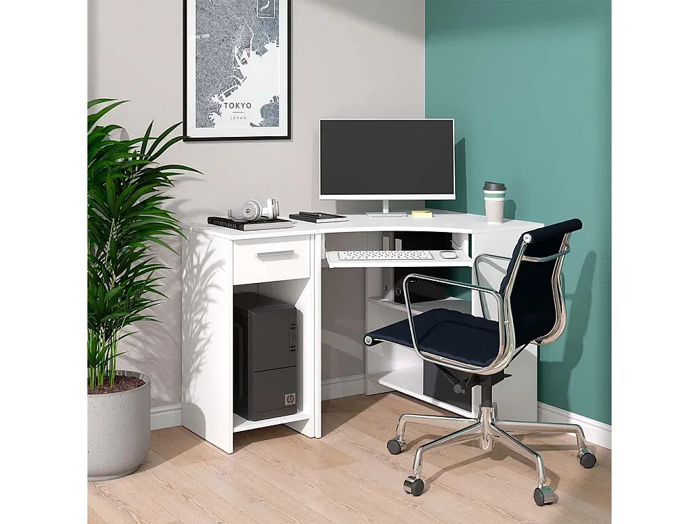 Moderner Eckschreibtisch in Weiß mit Stauraum
