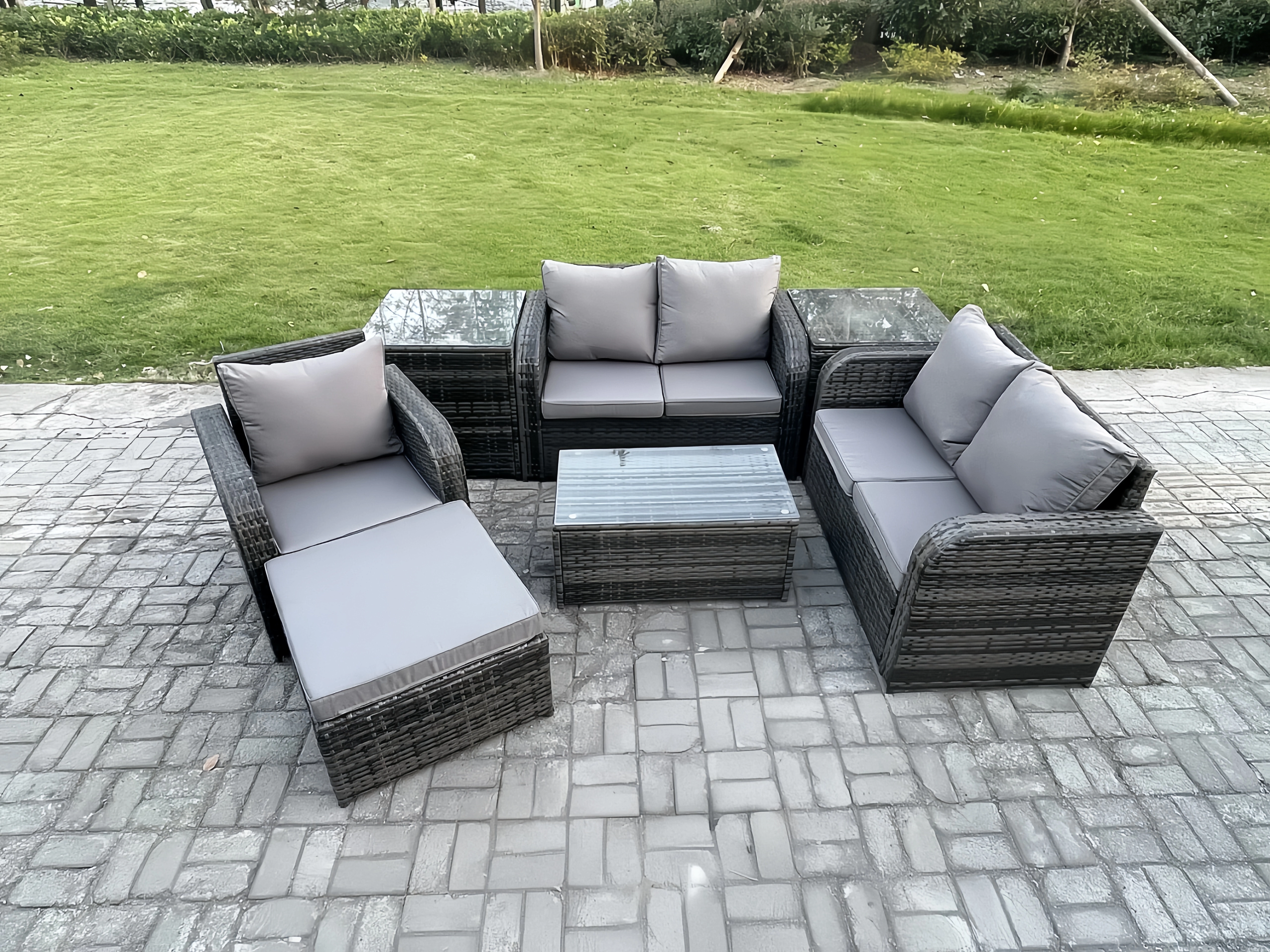 Terrassenmöbel Sitzgruppe aus Polyrattan in Dunkelgrau, 7-teilig