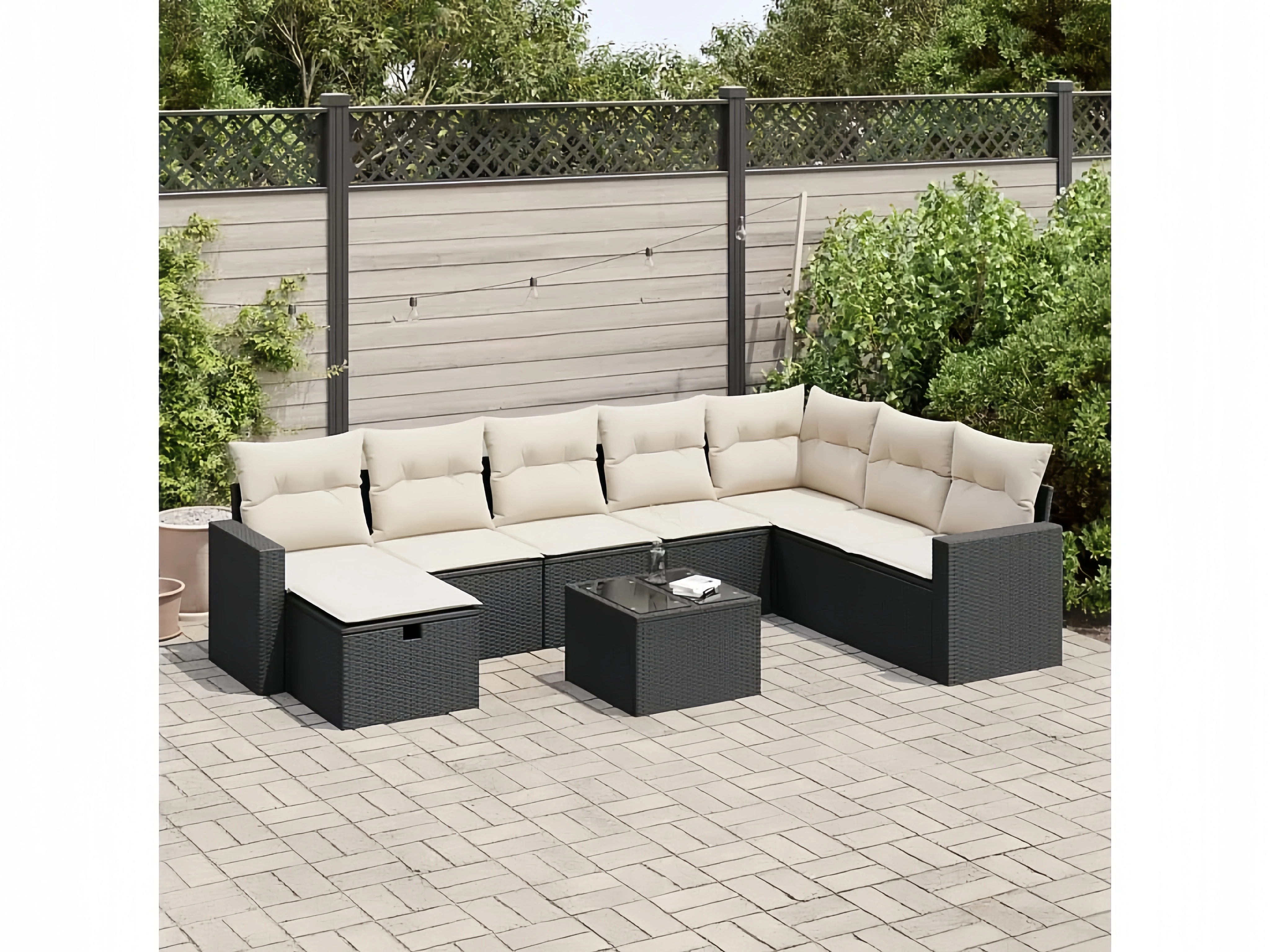 Garten-Lounge-Set mit Kissen aus Polyrattan in Schwarz, 9-teilig