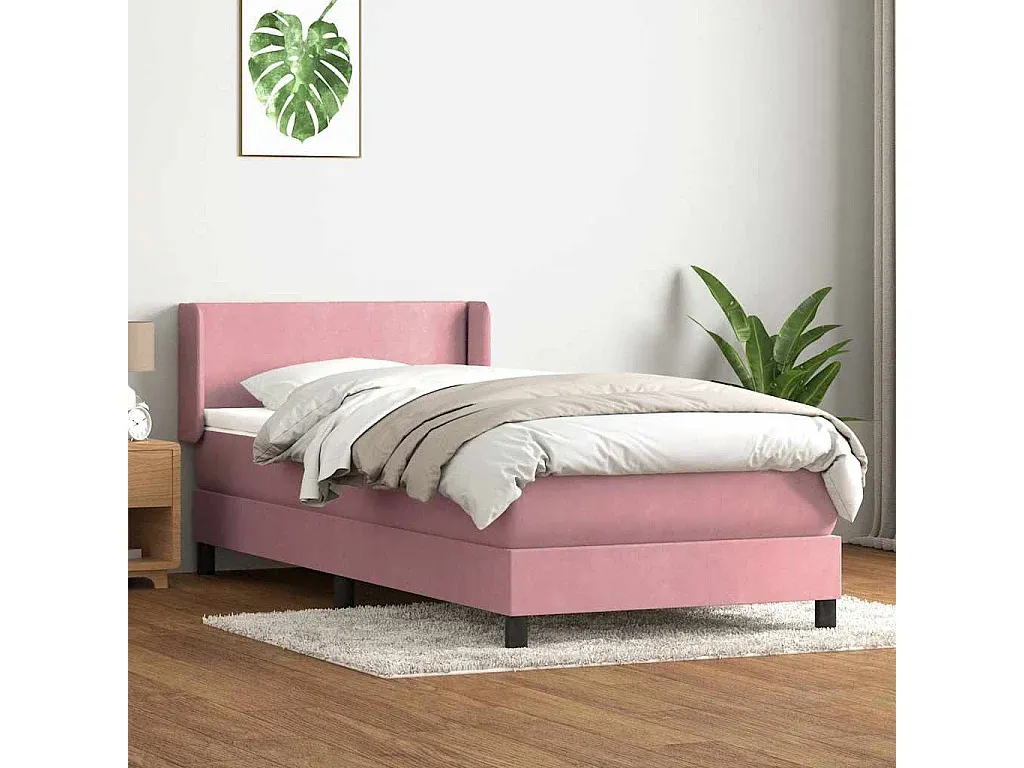 Komfortables Boxspringbett in Rosa, 100x220 cm, Samtbezug