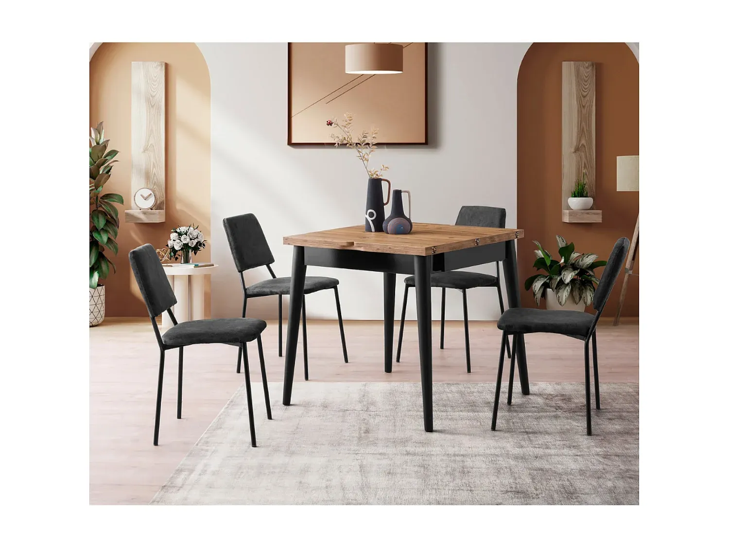 Industrieller Ausziehtisch für 4 Personen, Schwarzer Marmorlook, 80 cm