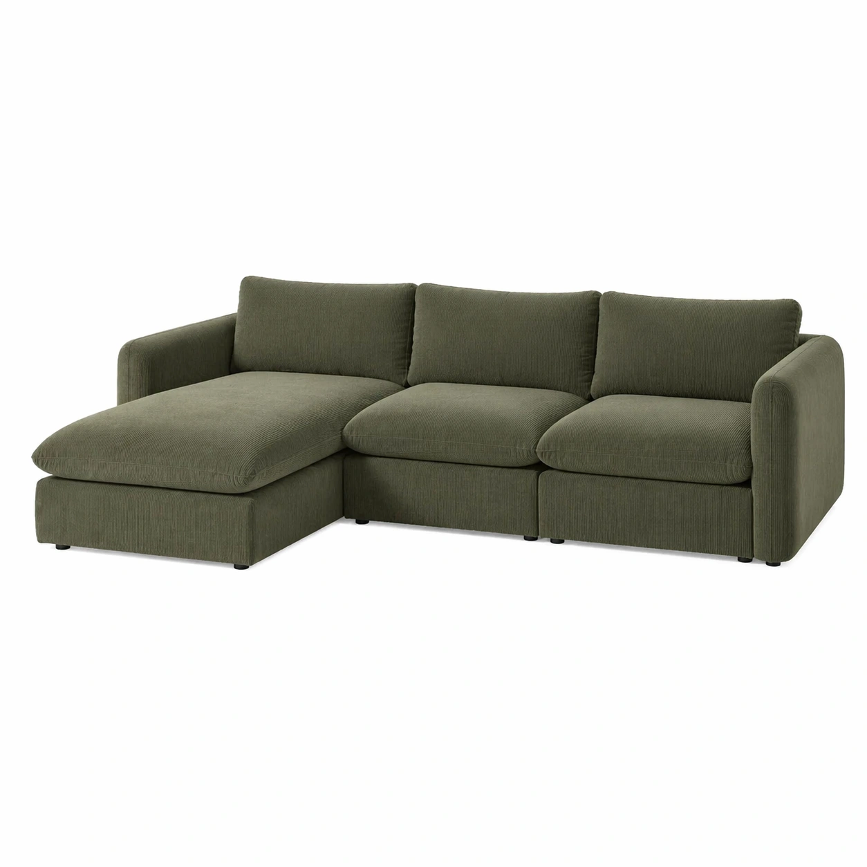 Sofá modular de 3 piezas con chaise longue y otomana tapizado en tela verde oliva moderno-nexaglance