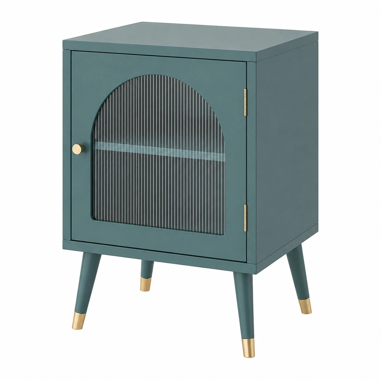 Mesita de noche moderna de metal verde azulado con puerta de vidrio acanalado y patas doradas-nexaglance