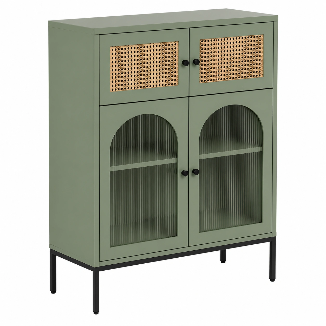 Aparador Vitrina Moderno con Puertas de Ratán y Cristal – Verde Oliva-nexaglance