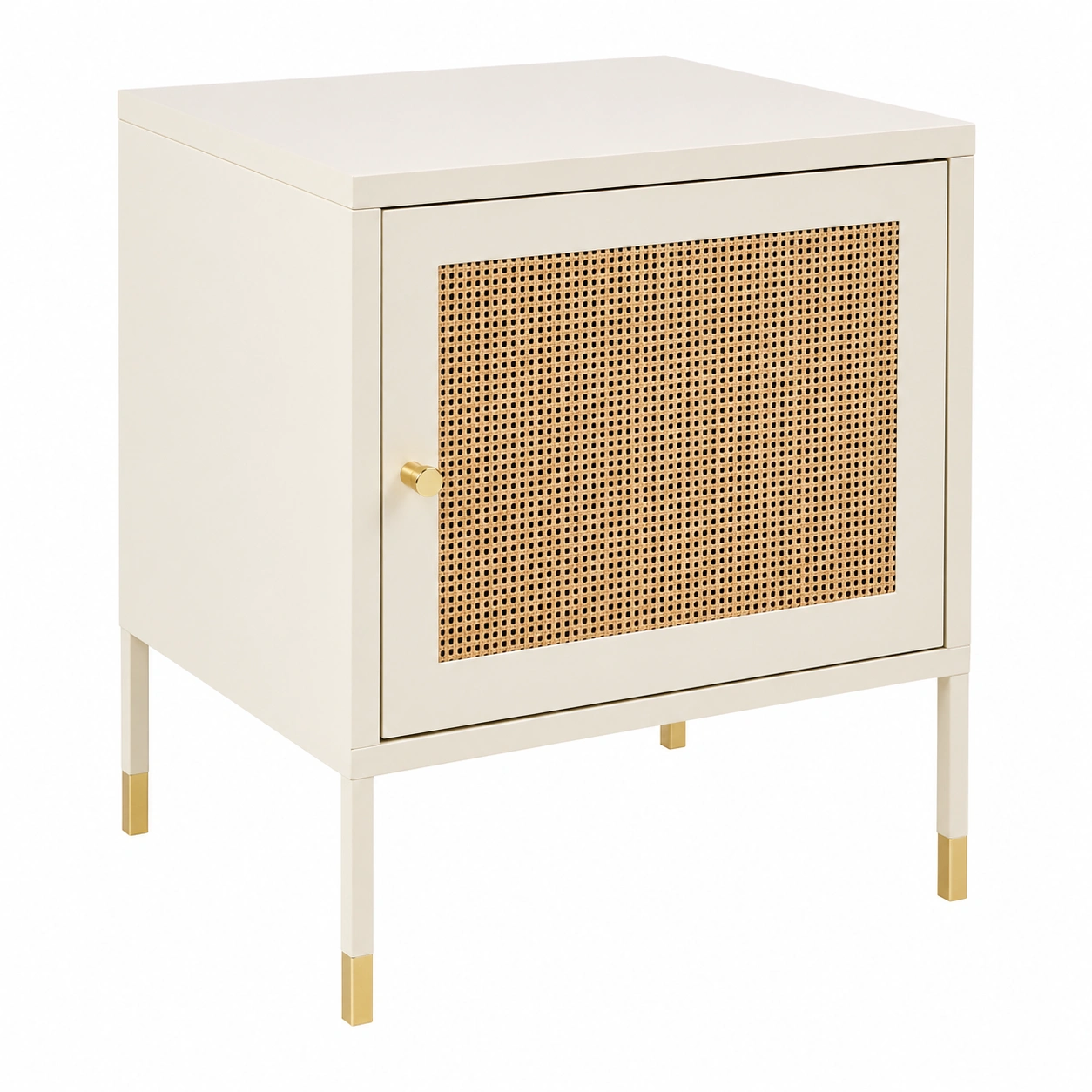 Mesita de noche metálica moderna beige con puerta de rejilla y patas elevadas-nexaglance