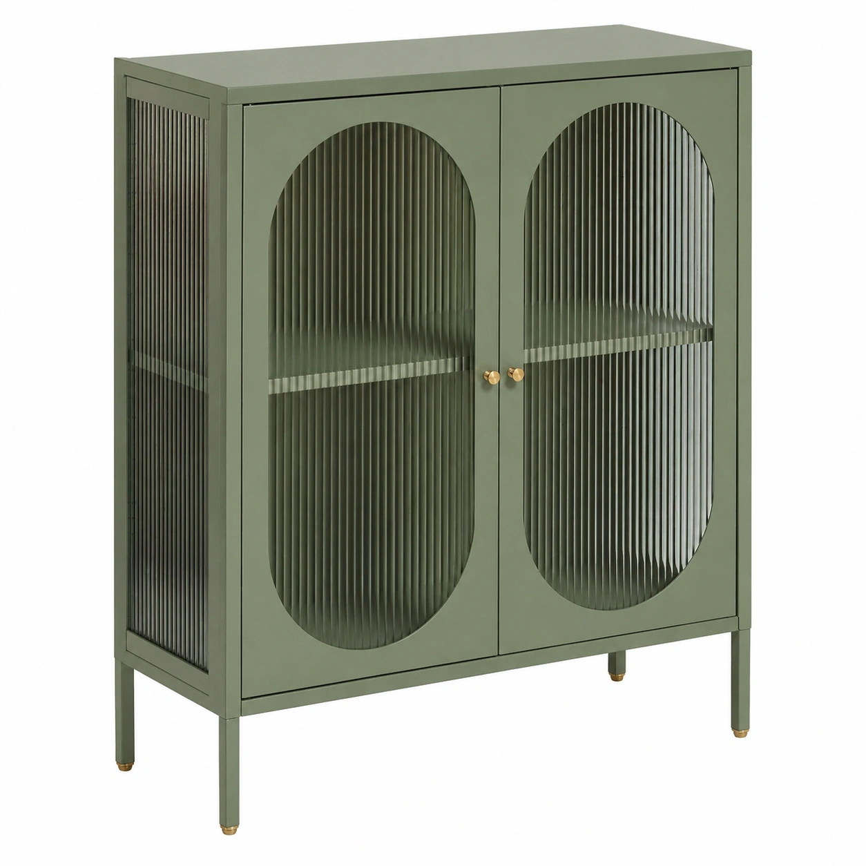 Aparador Vitrina Moderno con Puertas de Cristal Acanalado y Dise?o Ovalado – Verde Oliva-nexaglance