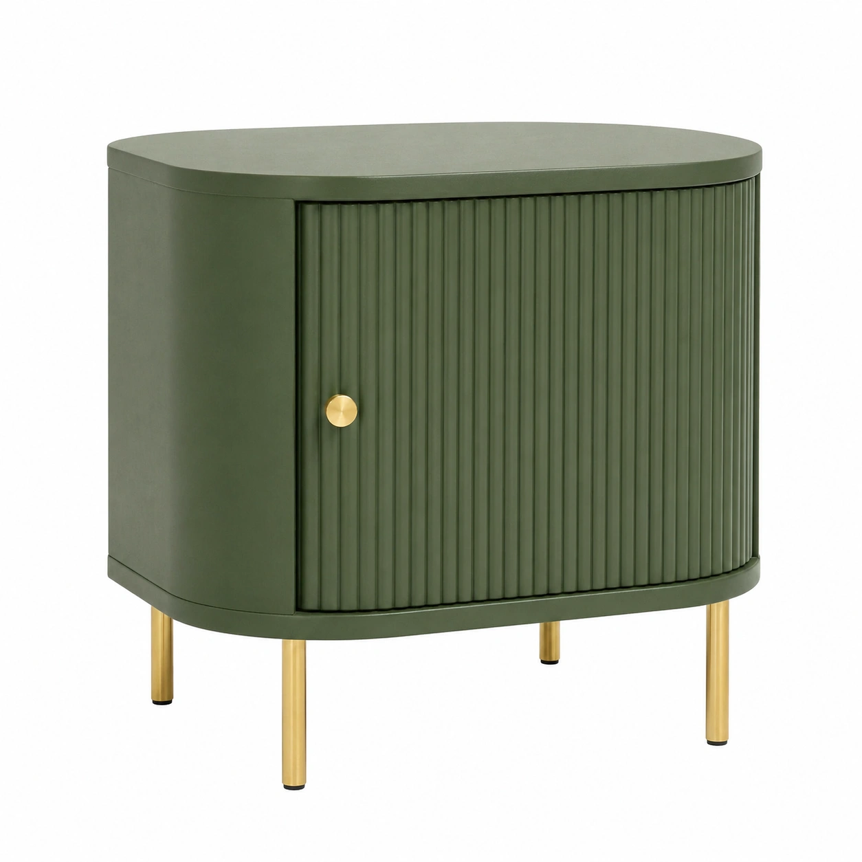 Mesita de noche metálica moderna verde oliva con puerta acanalada y dise?o curvo-nexaglance