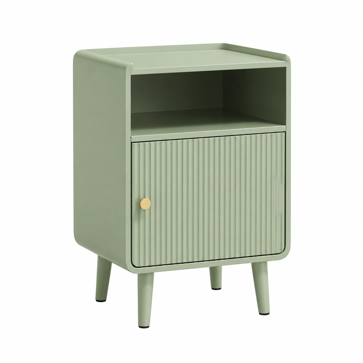 Mesita de noche moderna de metal verde oliva con puerta acanalada y estante abierto-nexaglance