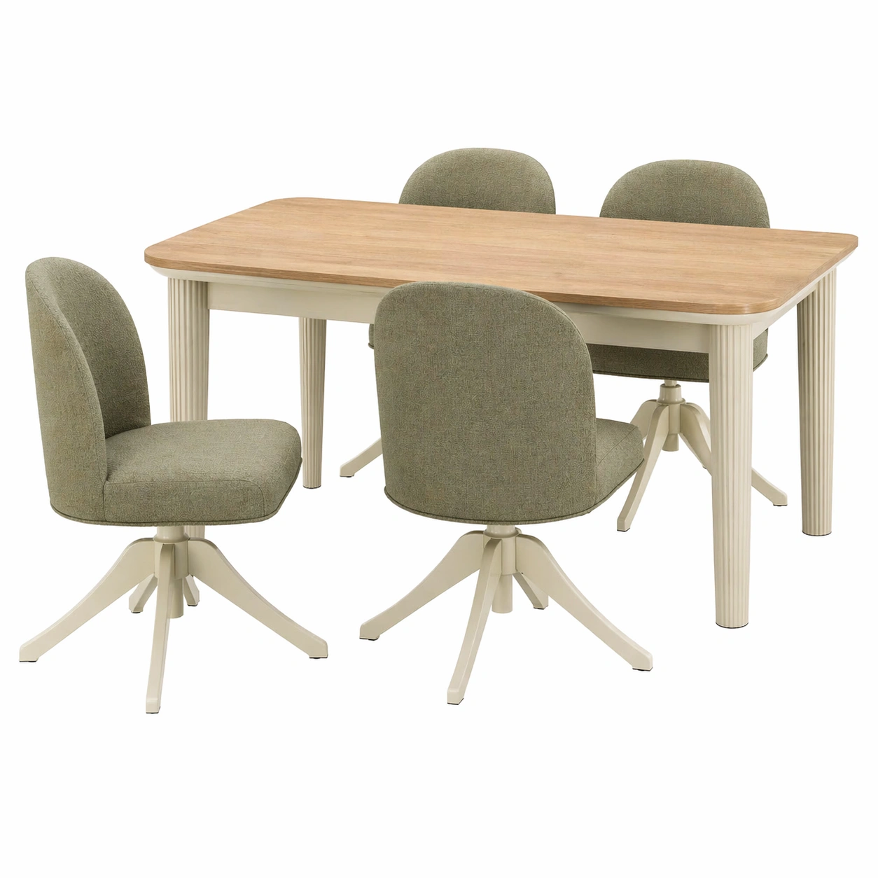 Conjunto de mesa rectangular extensible y 4 sillas tapizadas en verde oliva y madera clara-nexaglance