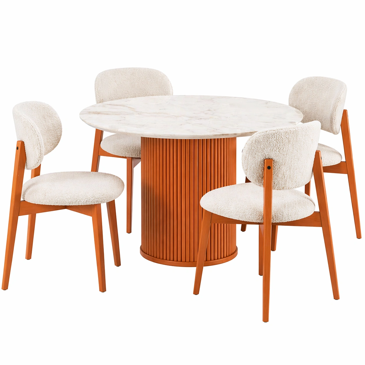 Conjunto de mesa de comedor redonda con 4 sillas tapizadas – Blanco y madera cálida 120 cm-nexaglance