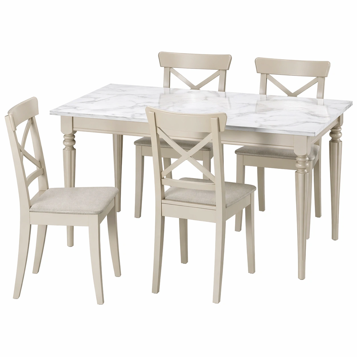 Conjunto de comedor extensible con mesa efecto mármol y 4 sillas en tono beige elegante-nexaglance