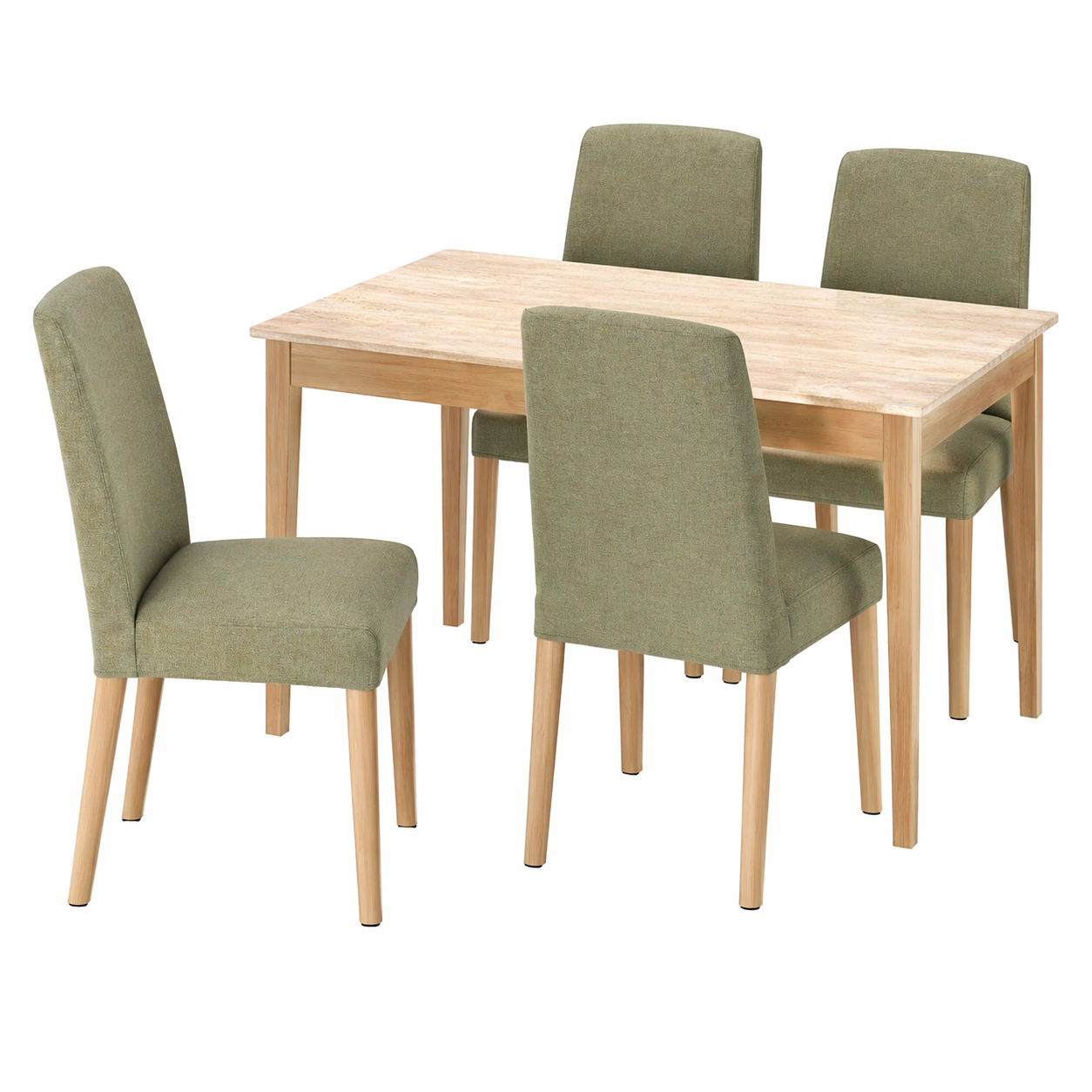 Conjunto de comedor moderno con mesa rectangular y 4 sillas tapizadas en verde oliva y madera natural 130/190x80 cm-nexaglance