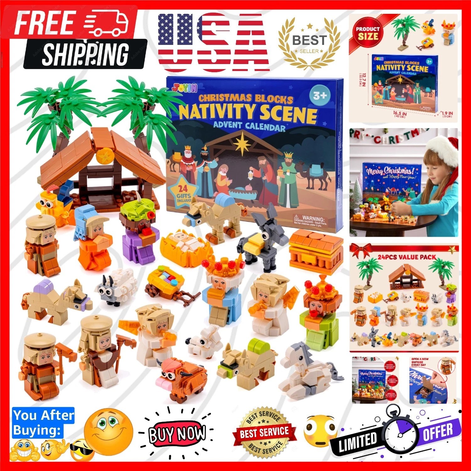 Nativity Advent Calendar Building Blocks, 24 Days Christmas Themed Build