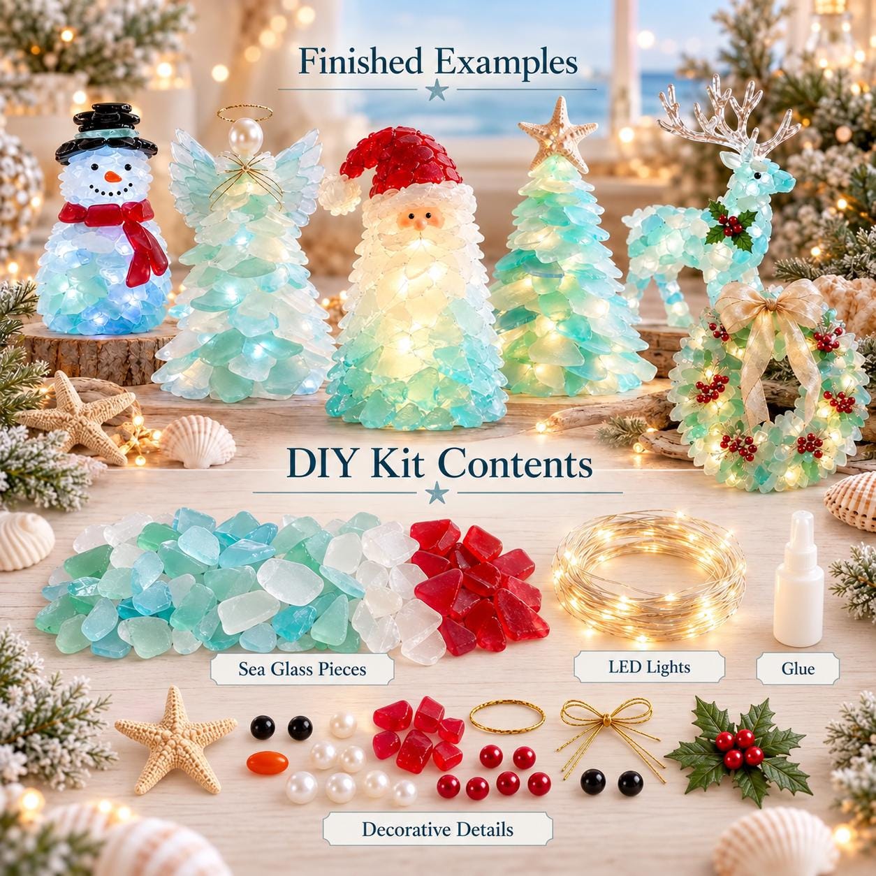 Sea Glass Christmas DIY Kit, Lighted Holiday Craft Kit