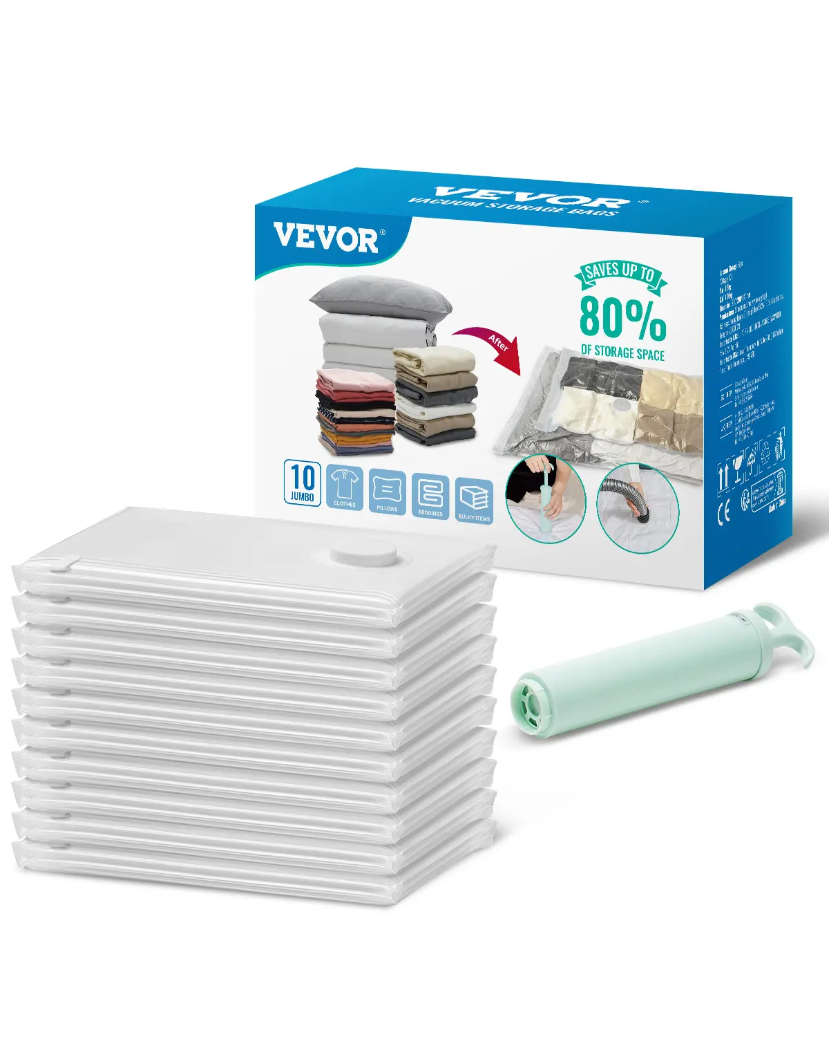 VEVOR Vacuum Storage Bags, 10 Jumbo Space Saver Bags with Hand Pump, Save 80% Space