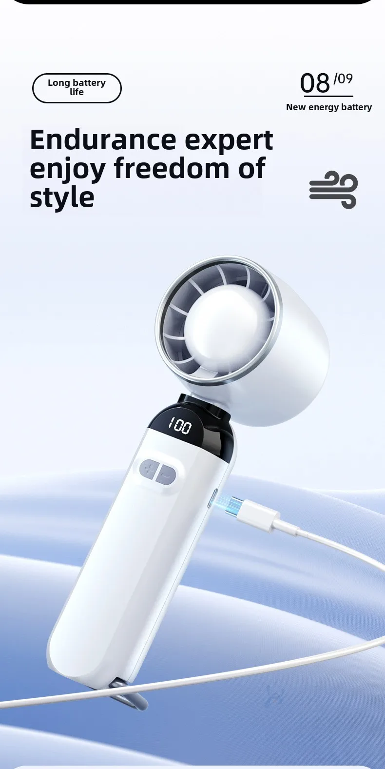 Portable Mini USB Charging Fan New Foldable Handheld Digital Display Turbine Powerful Three-Speed Wind for Car Household Use