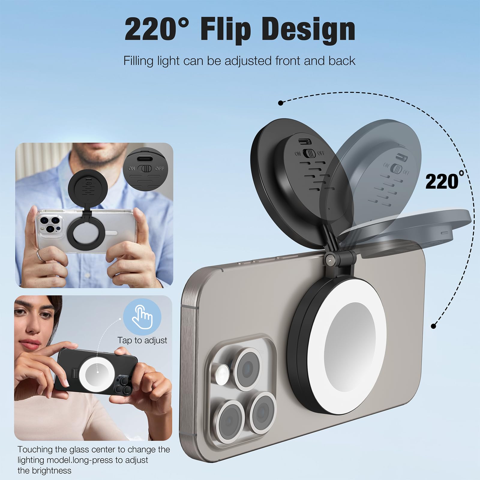 Rechargeable Travel Makeup Mirror with Light, 3 Color Lighting Double Sided Compact Mirror