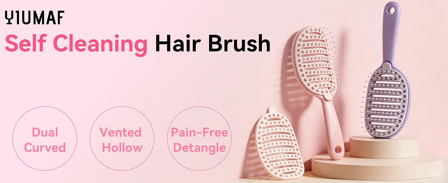 YIUMAF Self Cleaning Hair Brush, Curved Vented Detangler Brush