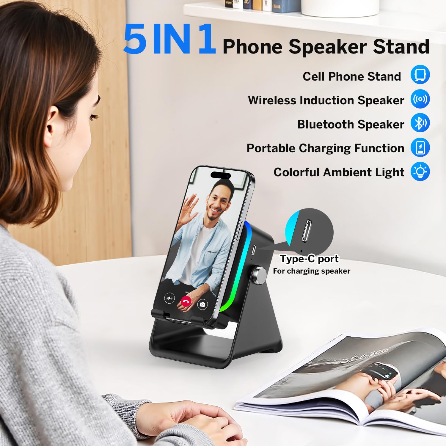 Wireless Induction Speaker 5-in-1 Bluetooth Speaker with Phone Stand