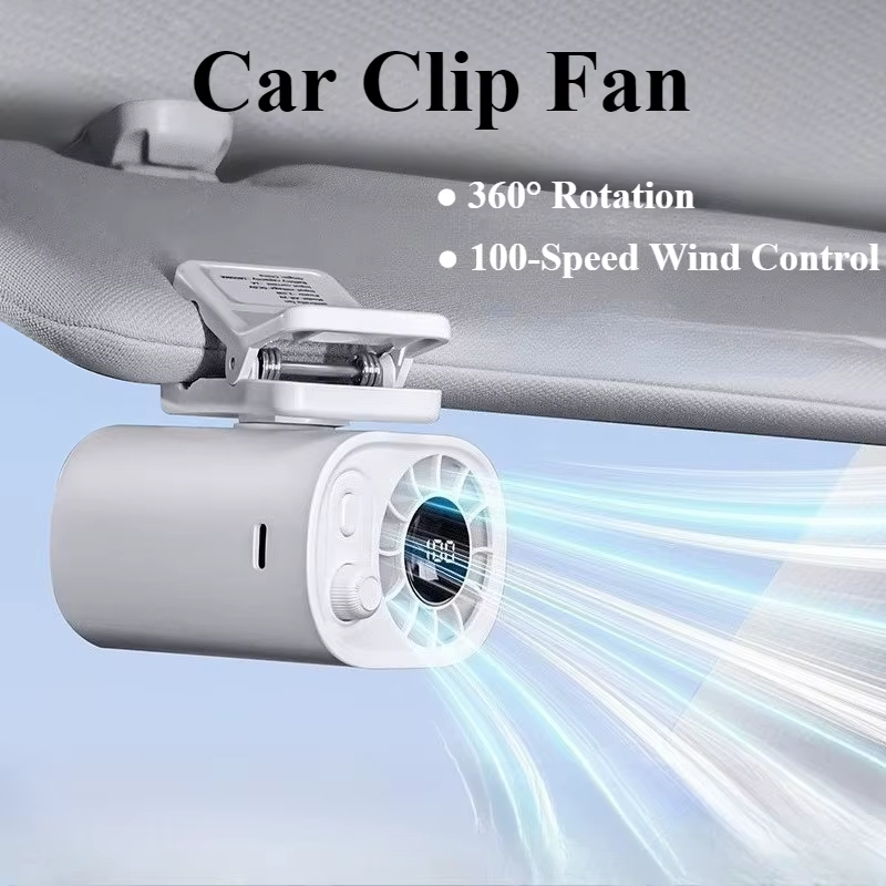 Hipacool Portable Car Clip Fan 360 Rotatable 100 Speed Wind 12V USB Rechargeable Electric Fan Low Noise Mini Fan Clamp Anywhere