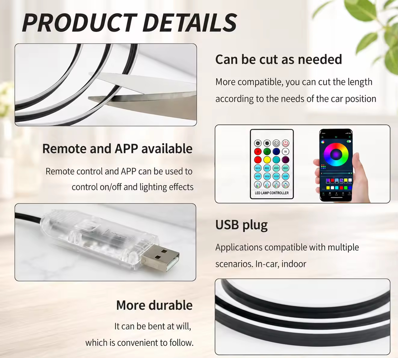 Smart RGB Car Ambient Light Kit 64 Colors Fiber Optic Interior LED Lighting with Music Sync, APP & Remote Control