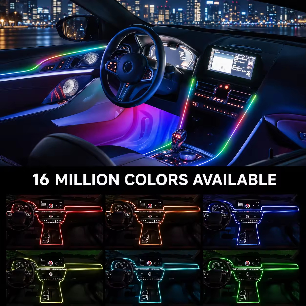 Smart RGB Car Ambient Light Kit 64 Colors Fiber Optic Interior LED Lighting with Music Sync, APP & Remote Control