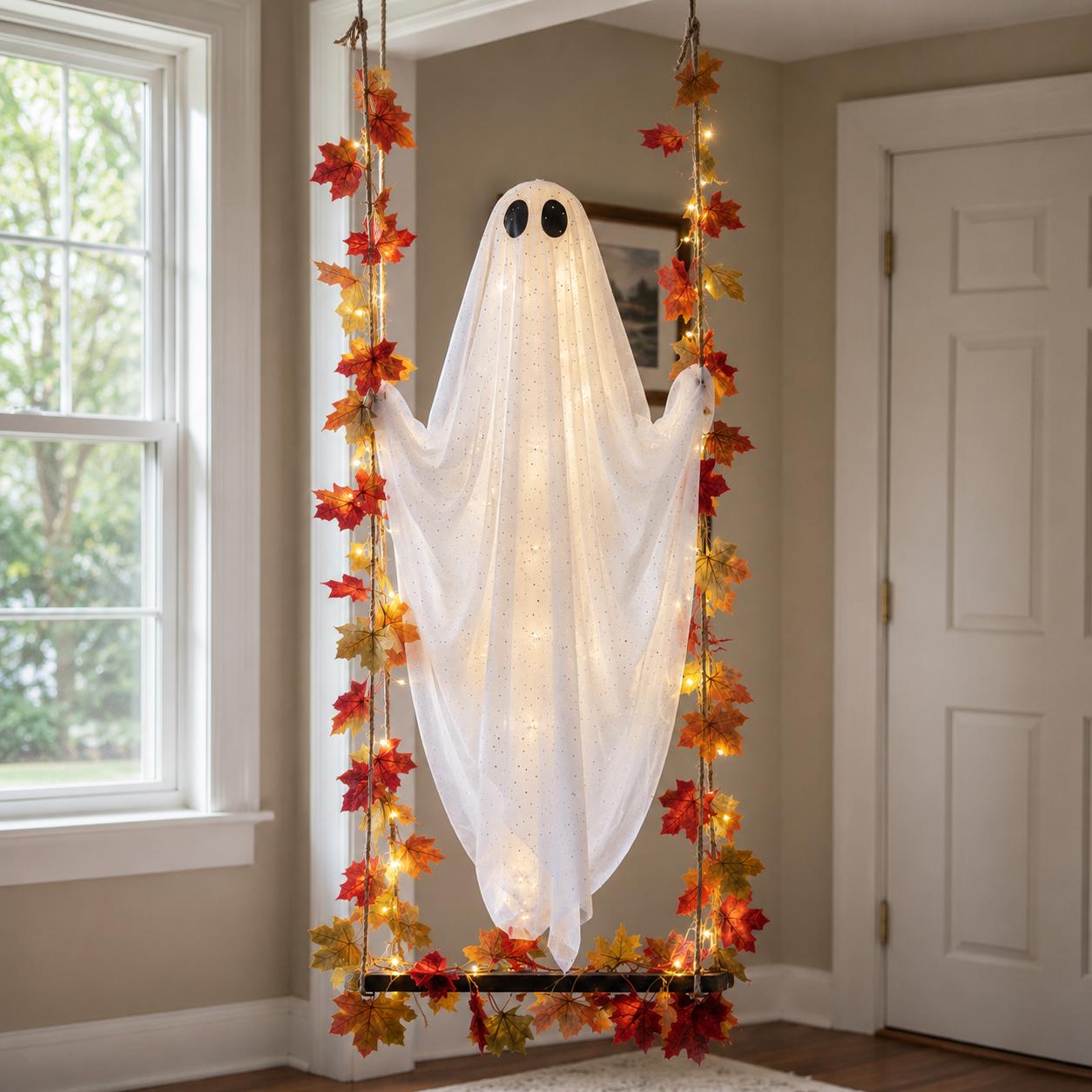 Halloween Ghost Swing Decor, Lighted Hanging Porch Decoration for Halloween Lovers
