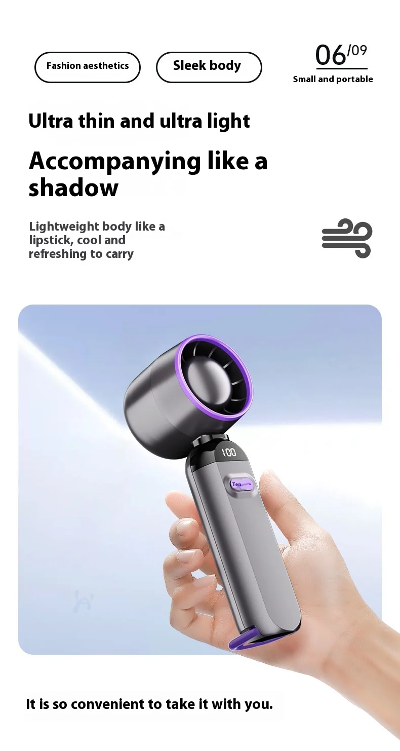 Portable Mini USB Charging Fan New Foldable Handheld Digital Display Turbine Powerful Three-Speed Wind for Car Household Use