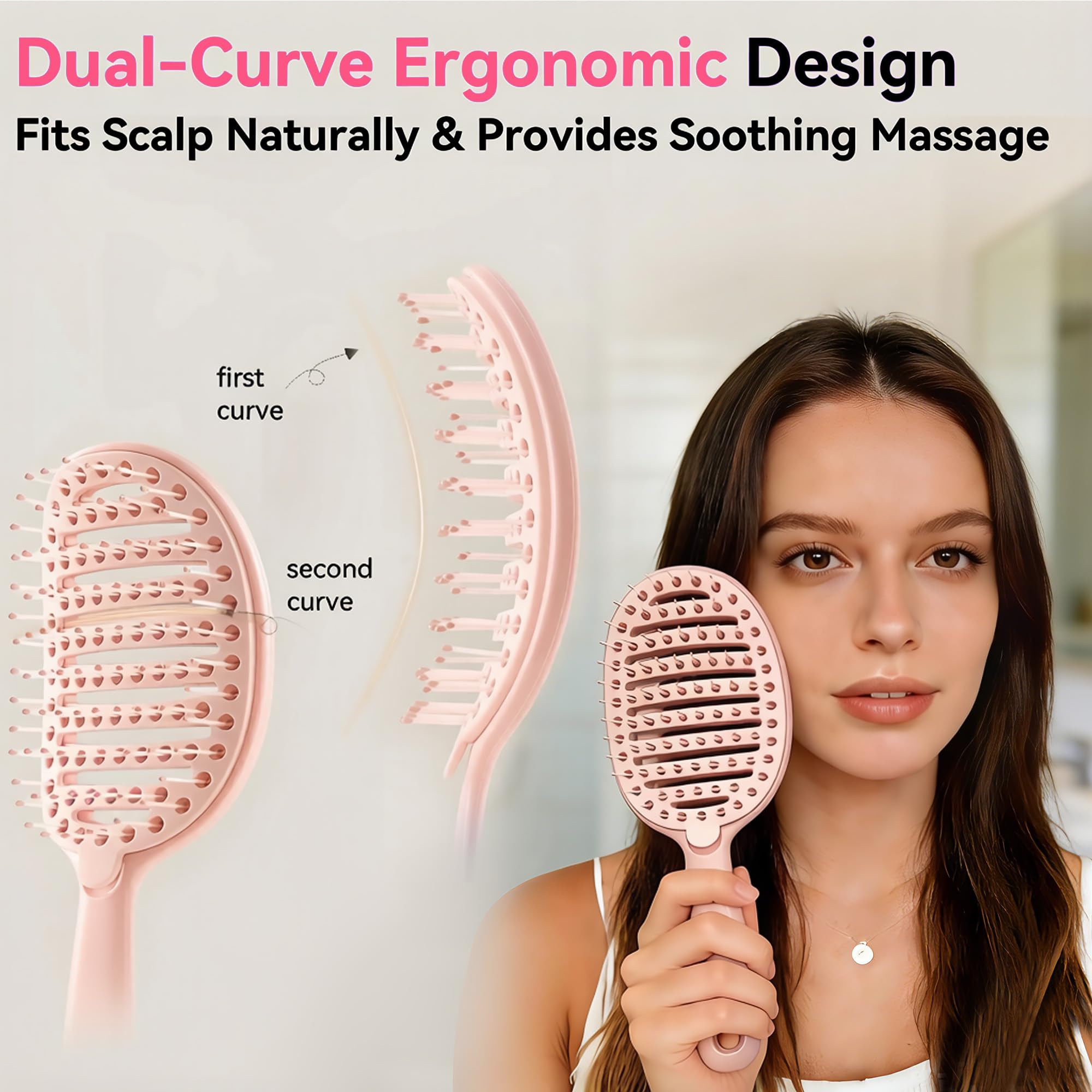 Self Cleaning Hair Brush, Curved Vented Detangler Brush for Faster Blow Drying