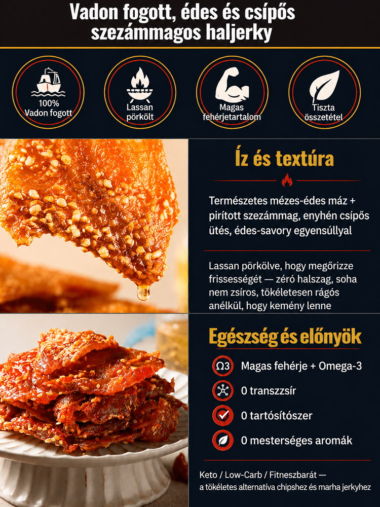 [200 darab/csomag] Alaszkai Vad tőkehal Jerky - Mézes-csípős szezámmagos | Magas fehérjetartalmú - Tartósítószermentes 🌶️🎣