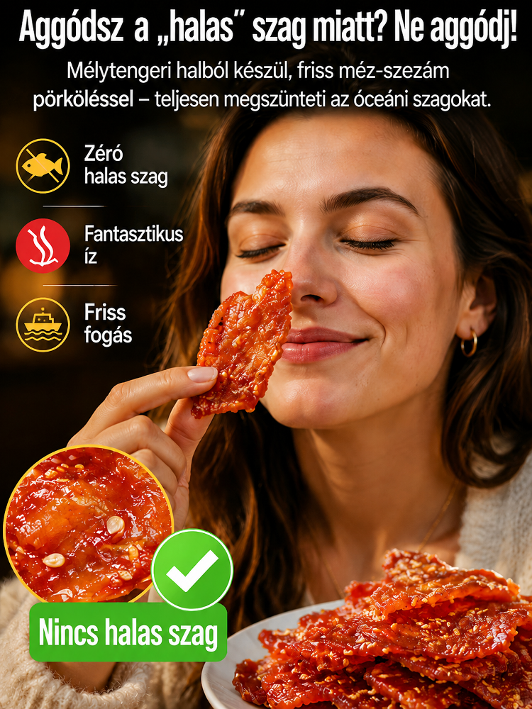 [200 darab/csomag] Alaszkai Vad tőkehal Jerky - Mézes-csípős szezámmagos | Magas fehérjetartalmú - Tartósítószermentes 🌶️🎣