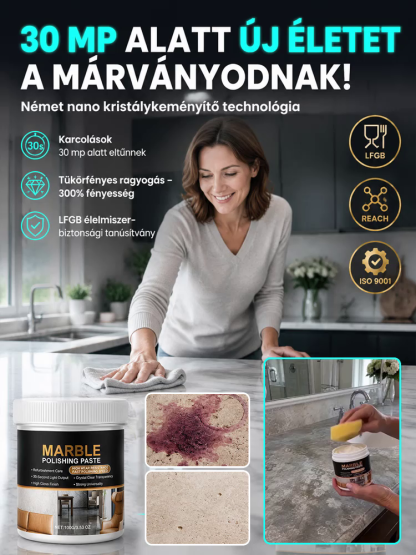 A tökéletes tükörfényű helyreállító! Márvány polírozó paszta – könnyedén eltávolítja a karcolásokat és a vízfoltokat, egyetlen felvitellel ragyogóan tisztává varázsolva a márványt, nincs szükség költséges javításokra.