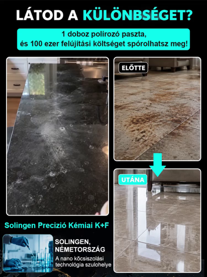 A tökéletes tükörfényű helyreállító! Márvány polírozó paszta – könnyedén eltávolítja a karcolásokat és a vízfoltokat, egyetlen felvitellel ragyogóan tisztává varázsolva a márványt, nincs szükség költséges javításokra.