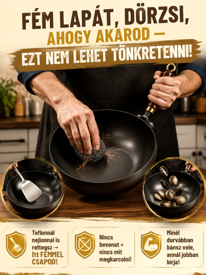 👍Elpusztíthatatlan Tapadásmentes Vas Serpenyő | Zéró Vegyszer & Fém Lapát Álló (-50%)