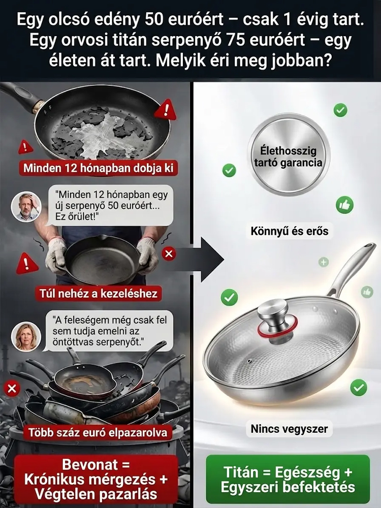 👍Prémium Orvosi Titán Serpenyő | Karcálló és 100% Tapadásmentes (PFAS Mentes) | [🔥 80% KEDVEZMÉNY]