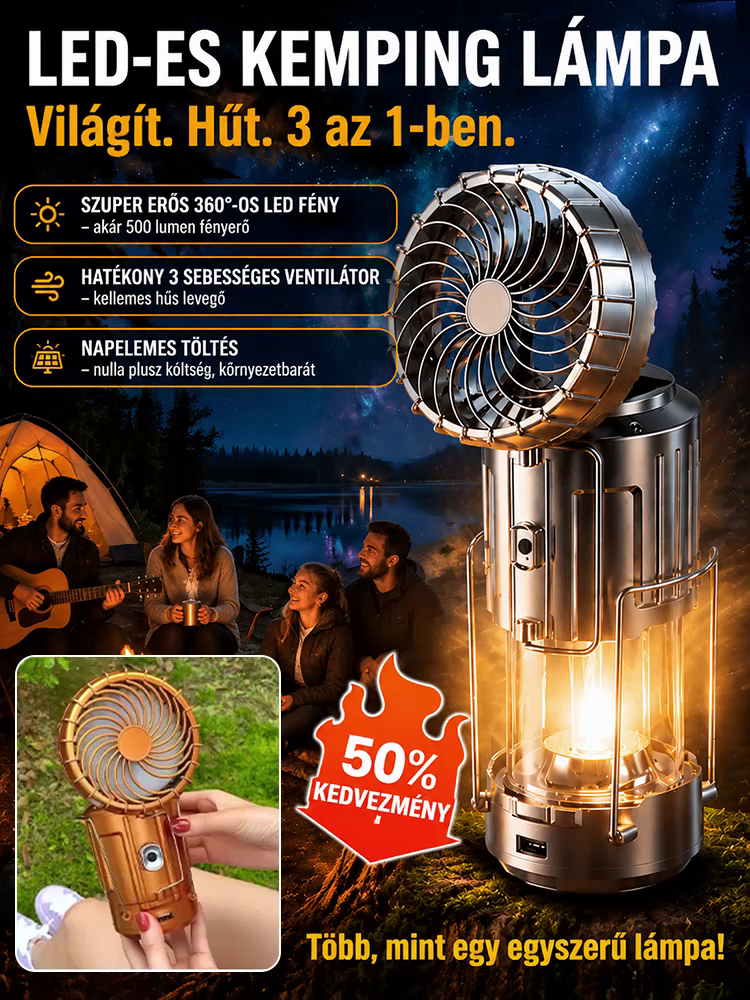 👍3az1-ben Napelemes LED Kemping Lámpa Ventilátorral - Újratölthető Kültéri Túlélő Felszerelés