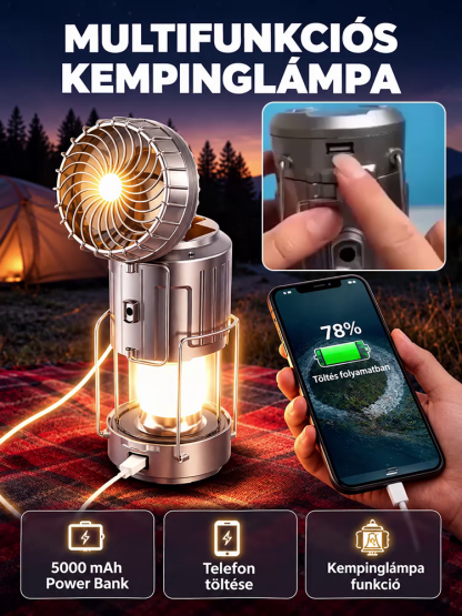 👍3az1-ben Napelemes LED Kemping Lámpa Ventilátorral - Újratölthető Kültéri Túlélő Felszerelés