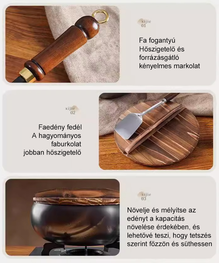 [Prémium] Bevonat Nélküli Tiszta Vas Wok Edény Fa Fedéllel – Mélyített Kialakítás & Forrázásgátló Fogantyú