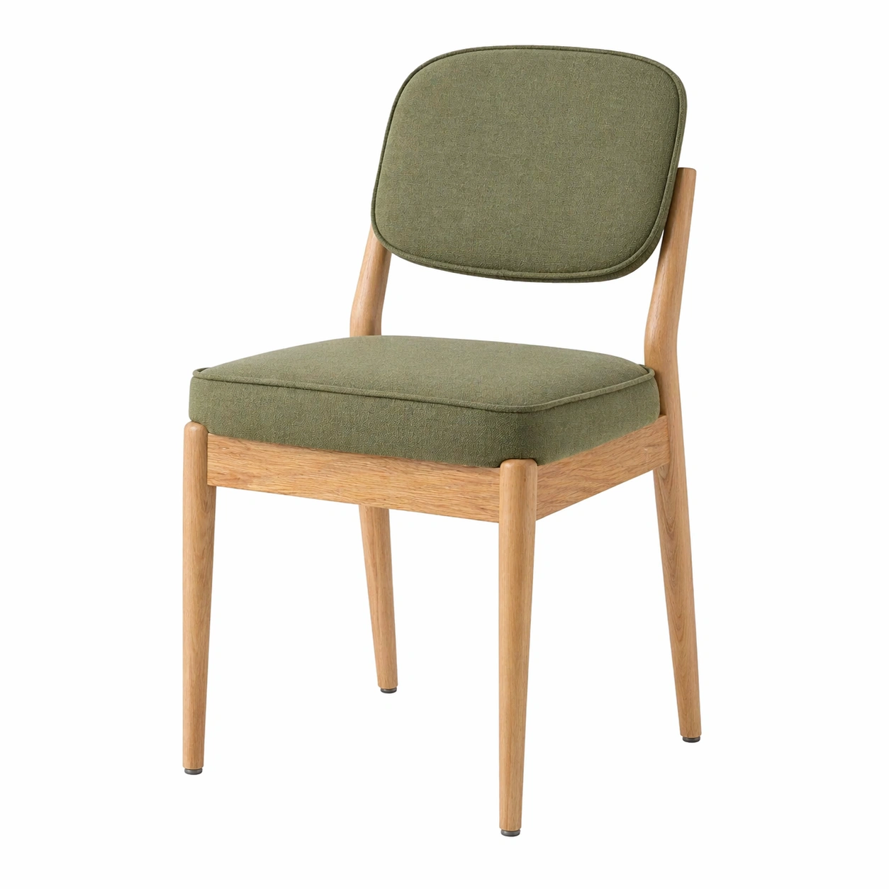 Silla de comedor moderna tapizada en tela verde oliva con estructura de madera natural-rendsphere