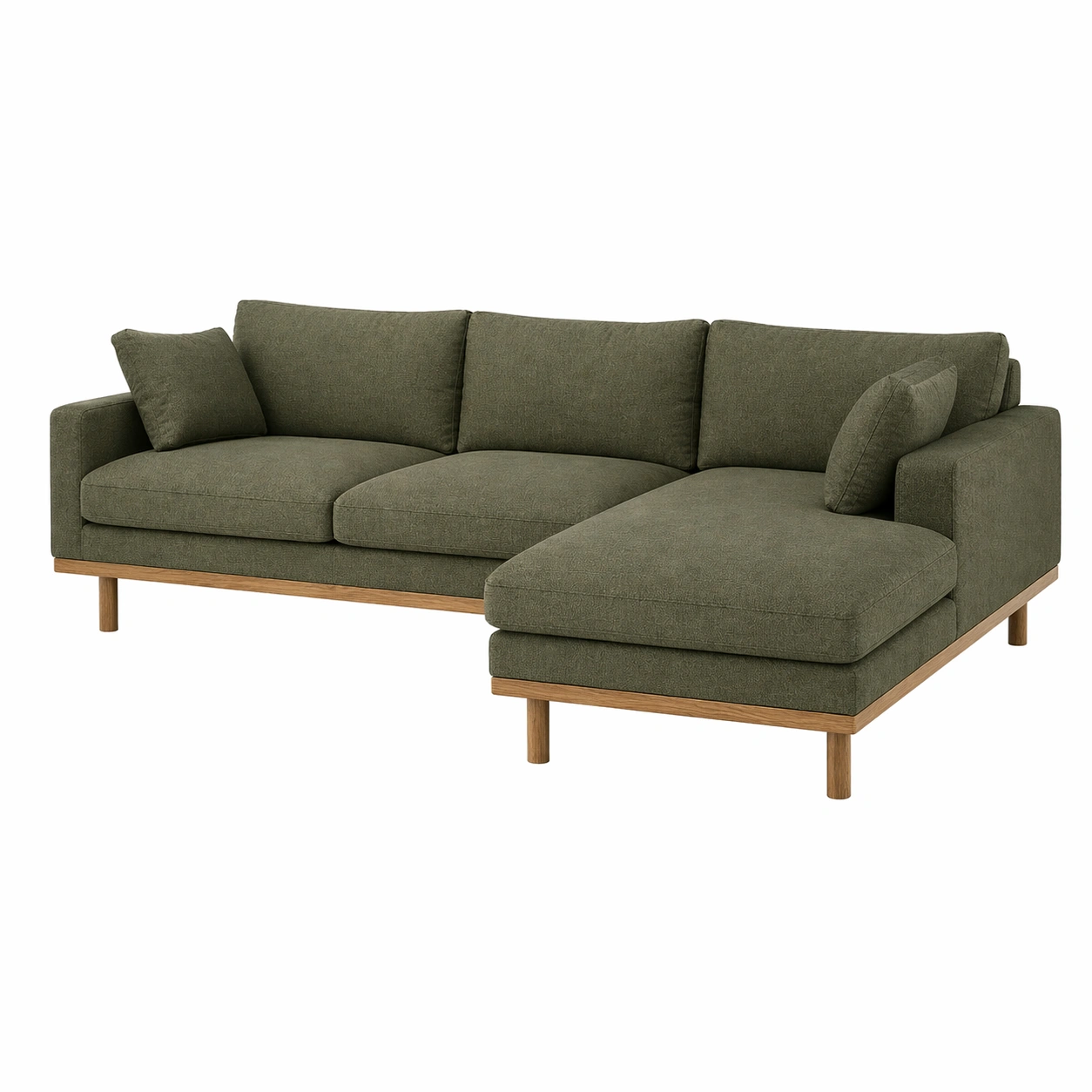 Sofá seccional moderno de 2 piezas con chaise derecha en tono verde oliva y base de madera-rendsphere