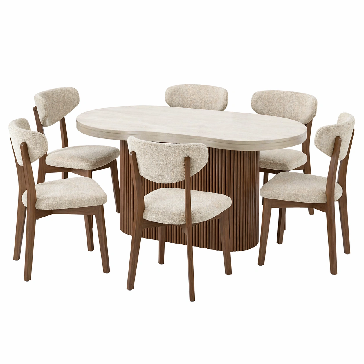 Conjunto de mesa de comedor ovalada extensible con 6 sillas tapizadas en tono beige claro-rendsphere