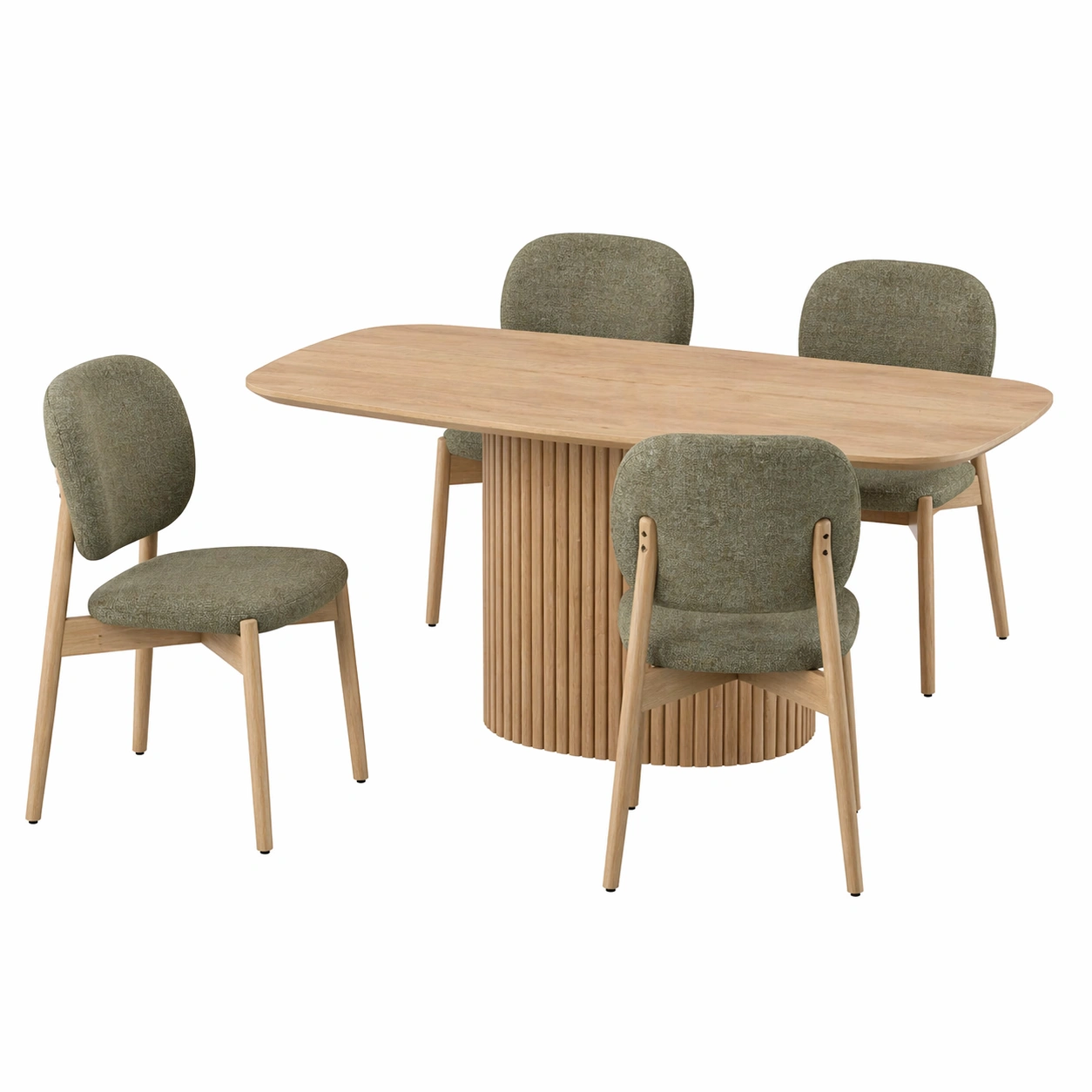 Conjunto de comedor moderno con mesa extensible y 4 sillas tapizadas en verde oliva y madera natural 130/190x80 cm-rendsphere