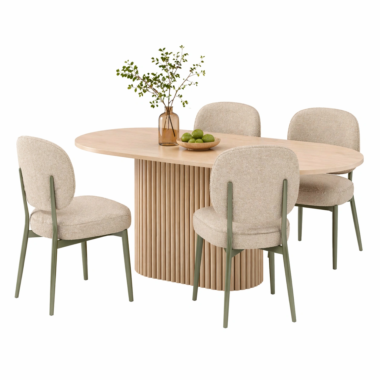 Conjunto de mesa de comedor ovalada con 4 sillas tapizadas en beige y estructura verde oliva-rendsphere