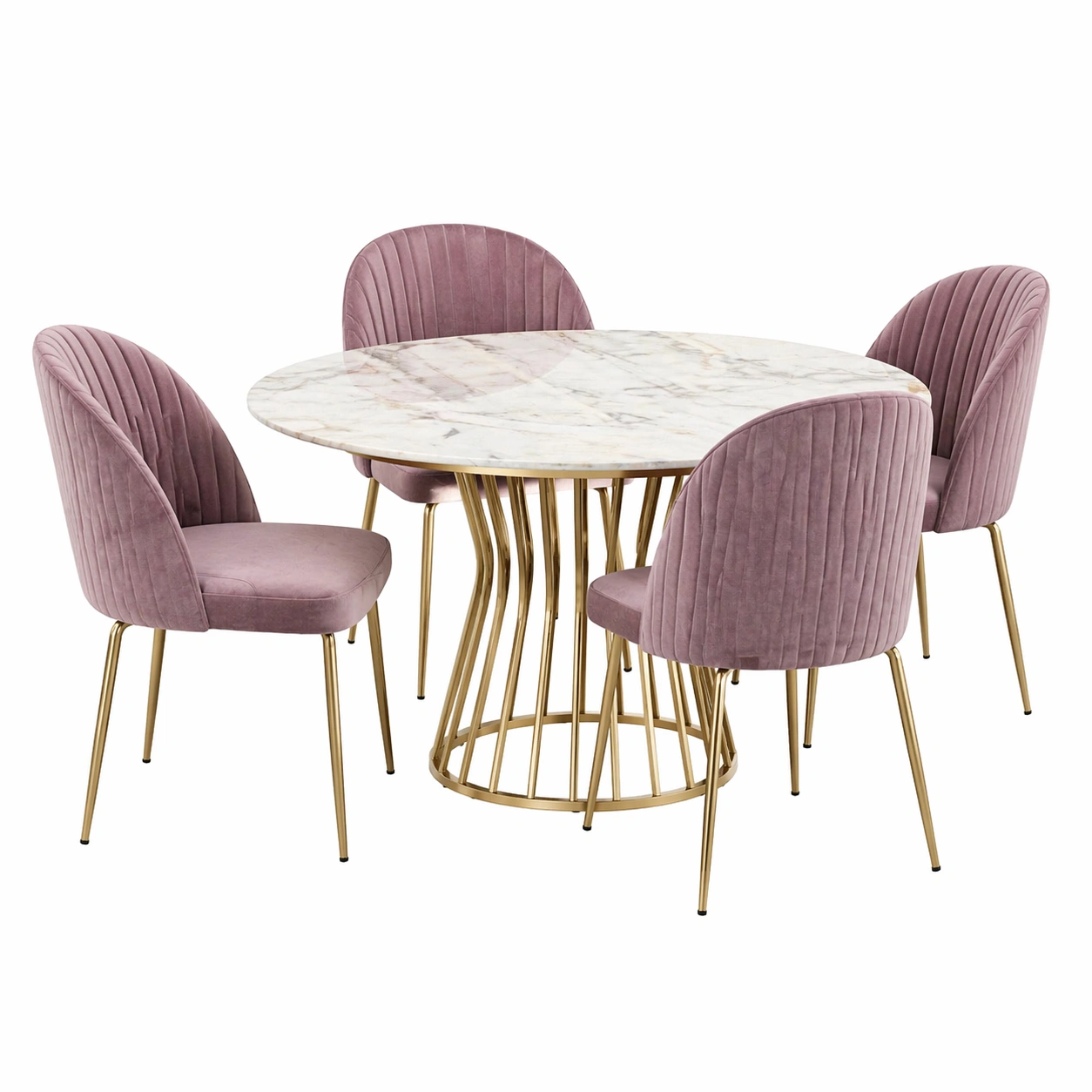 Conjunto de mesa redonda y 4 sillas tapizadas estilo moderno en terciopelo rosa con base dorada y tablero efecto marmol 120 cm-rendsphere